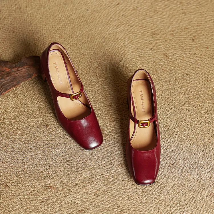 Discontinued stock available in various sizes - Spring style square-toe chunky heel high-heeled women's leather shoes, 3-12g