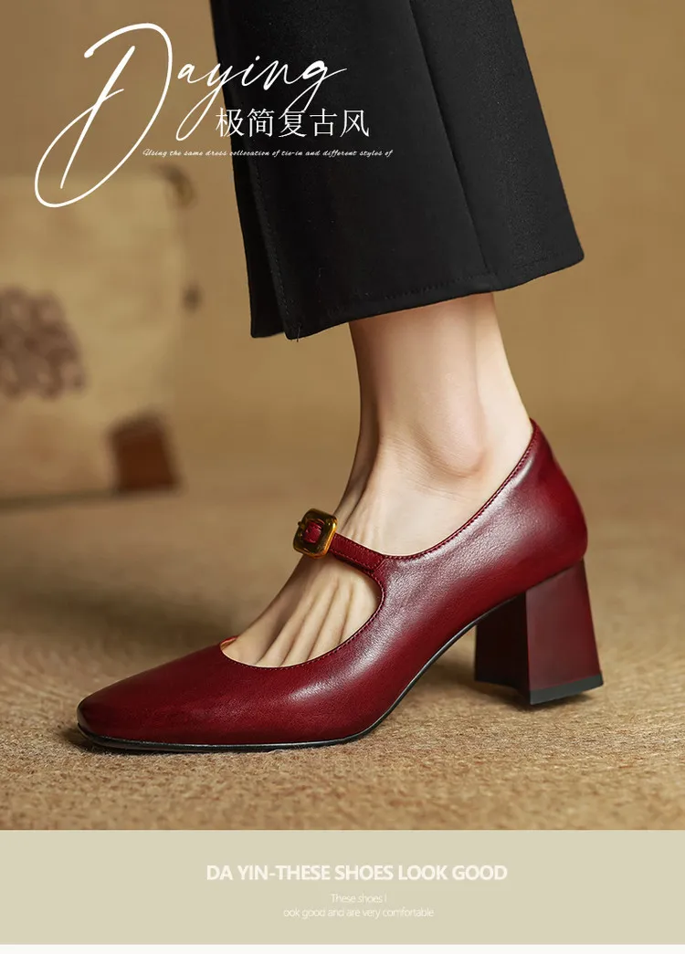 Discontinued stock available in various sizes - Spring style square-toe chunky heel high-heeled women's leather shoes, 3-12g