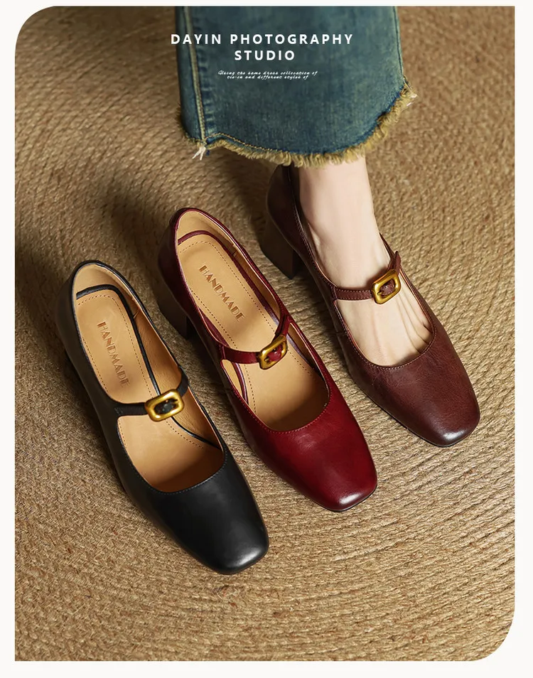 Discontinued stock available in various sizes - Spring style square-toe chunky heel high-heeled women's leather shoes, 3-12g