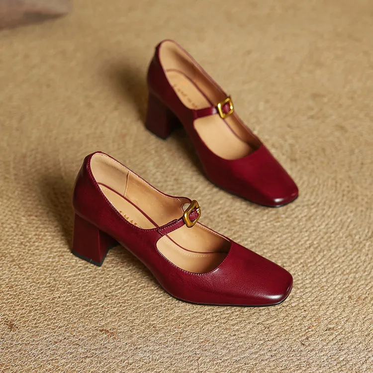 Discontinued stock available in various sizes - Spring style square-toe chunky heel high-heeled women's leather shoes, 3-12g