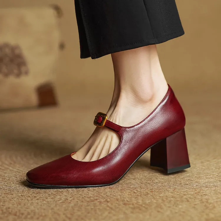 Discontinued stock available in various sizes - Spring style square-toe chunky heel high-heeled women's leather shoes, 3-12g