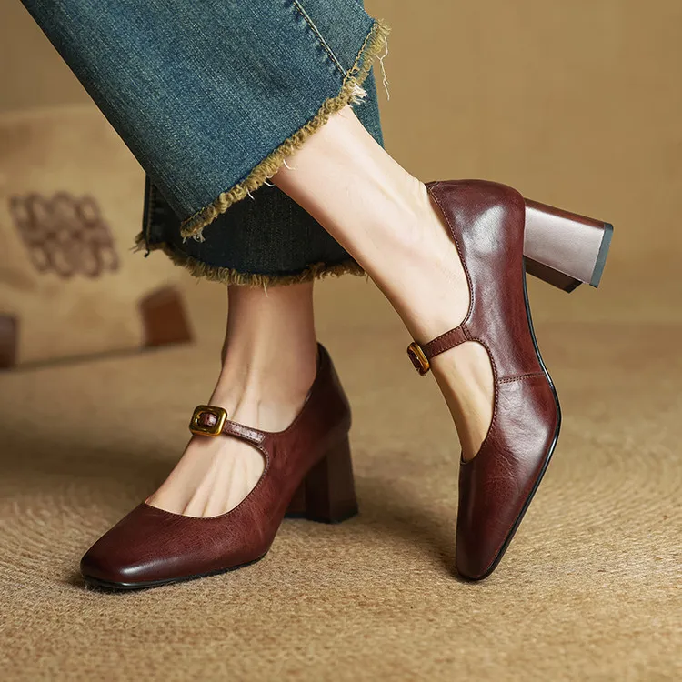 Discontinued stock available in various sizes - Spring style square-toe chunky heel high-heeled women's leather shoes, 3-12g