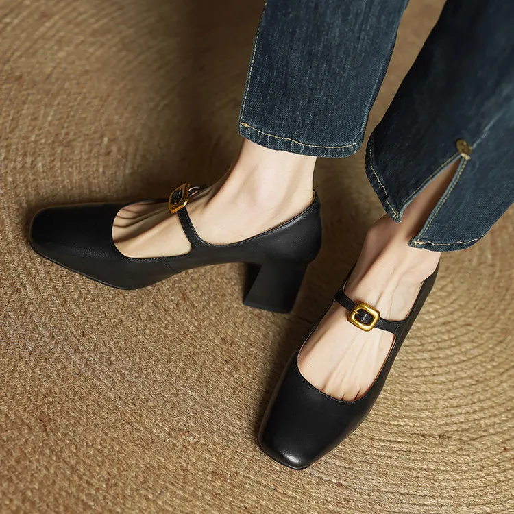 Discontinued stock available in various sizes - Spring style square-toe chunky heel high-heeled women's leather shoes, 3-12g