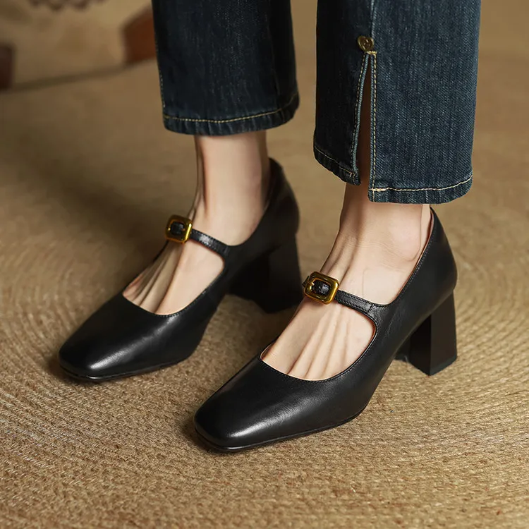 Discontinued stock available in various sizes - Spring style square-toe chunky heel high-heeled women's leather shoes, 3-12g