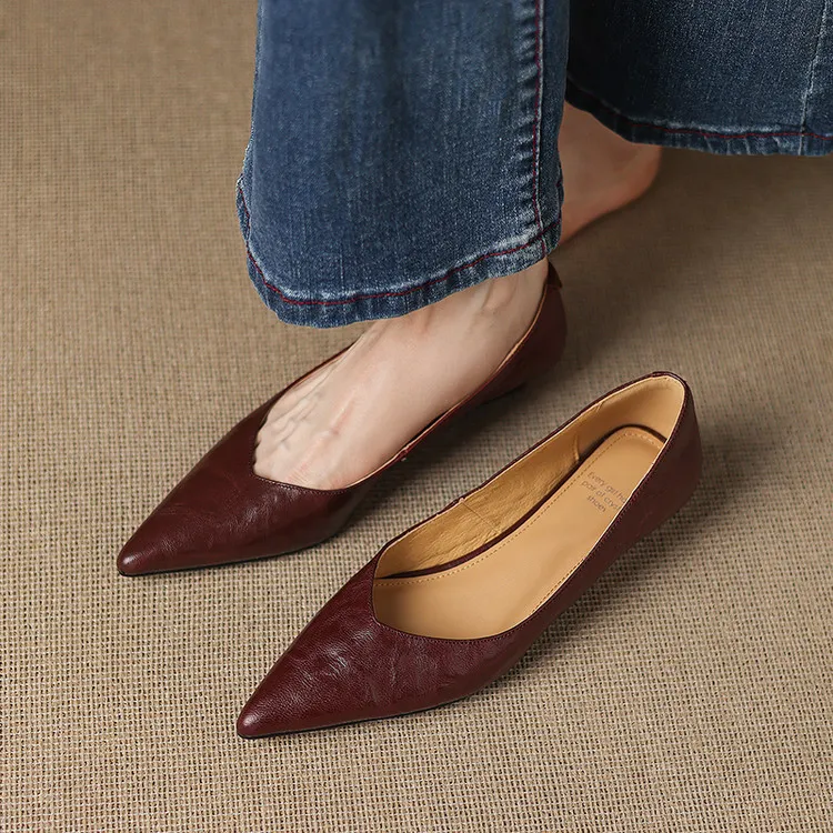 Summer flats, wedge heels, pointed toes, low-cut fashion sheepskin women's shoes, 3-12d