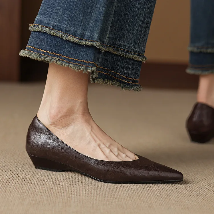 Summer flats, wedge heels, pointed toes, low-cut fashion sheepskin women's shoes, 3-12d