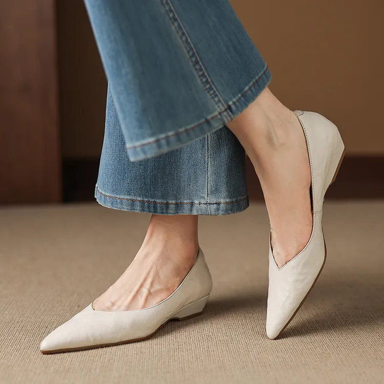 Summer flats, wedge heels, pointed toes, low-cut fashion sheepskin women's shoes, 3-12d