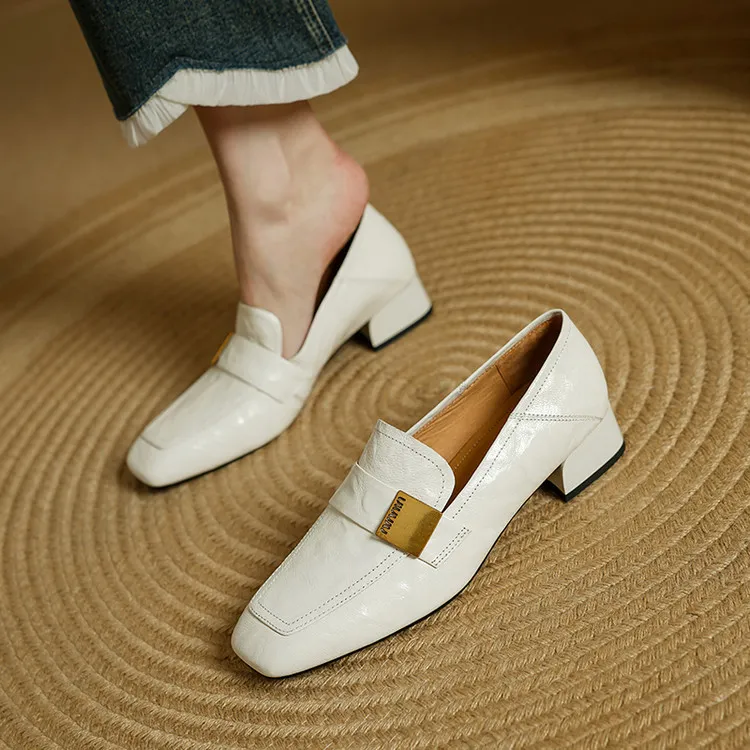 Spring and Autumn Single Shoes, Square Toe, Chunky Heel, Mid-Heel, Sheepskin Fashion Women's Shoes, 3-12h, Metal Buckle Loafers