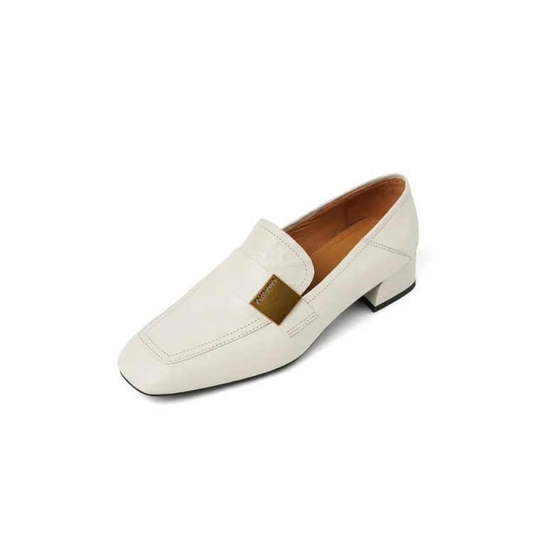 Spring and Autumn Single Shoes, Square Toe, Chunky Heel, Mid-Heel, Sheepskin Fashion Women's Shoes, 3-12h, Metal Buckle Loafers