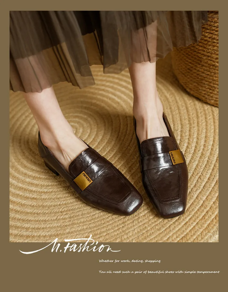 Spring and Autumn Single Shoes, Square Toe, Chunky Heel, Mid-Heel, Sheepskin Fashion Women's Shoes, 3-12h, Metal Buckle Loafers