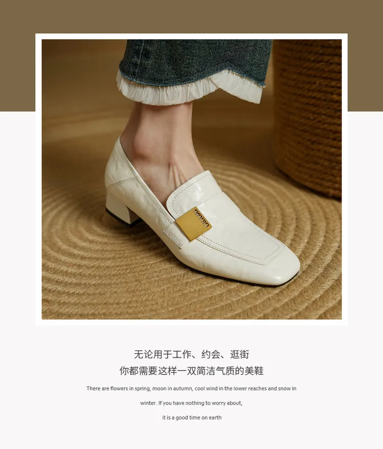 Spring and Autumn Single Shoes, Square Toe, Chunky Heel, Mid-Heel, Sheepskin Fashion Women's Shoes, 3-12h, Metal Buckle Loafers