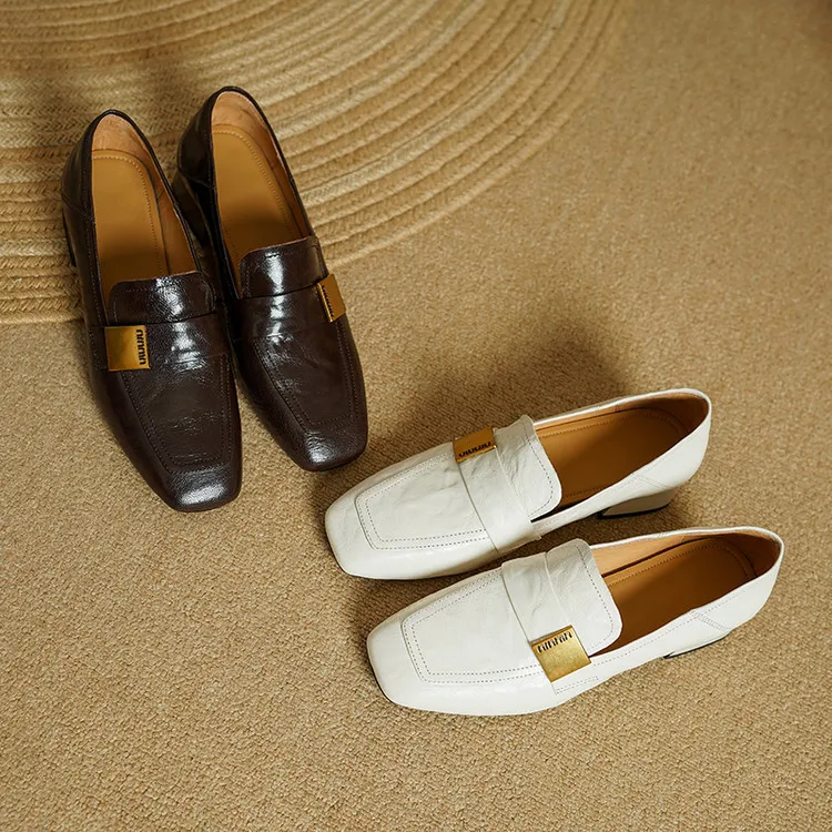 Spring and Autumn Single Shoes, Square Toe, Chunky Heel, Mid-Heel, Sheepskin Fashion Women's Shoes, 3-12h, Metal Buckle Loafers