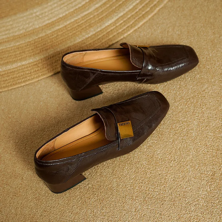 Spring and Autumn Single Shoes, Square Toe, Chunky Heel, Mid-Heel, Sheepskin Fashion Women's Shoes, 3-12h, Metal Buckle Loafers