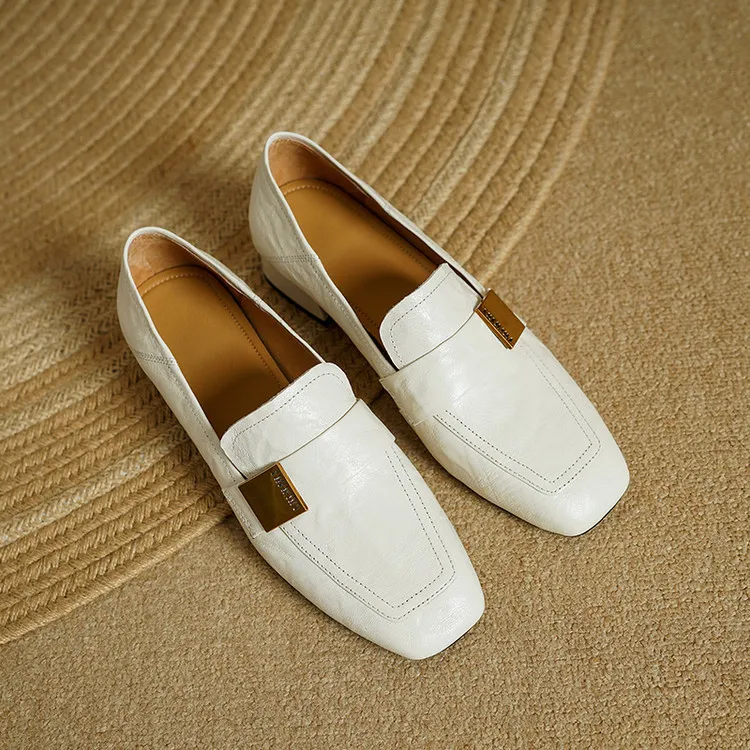 Spring and Autumn Single Shoes, Square Toe, Chunky Heel, Mid-Heel, Sheepskin Fashion Women's Shoes, 3-12h, Metal Buckle Loafers