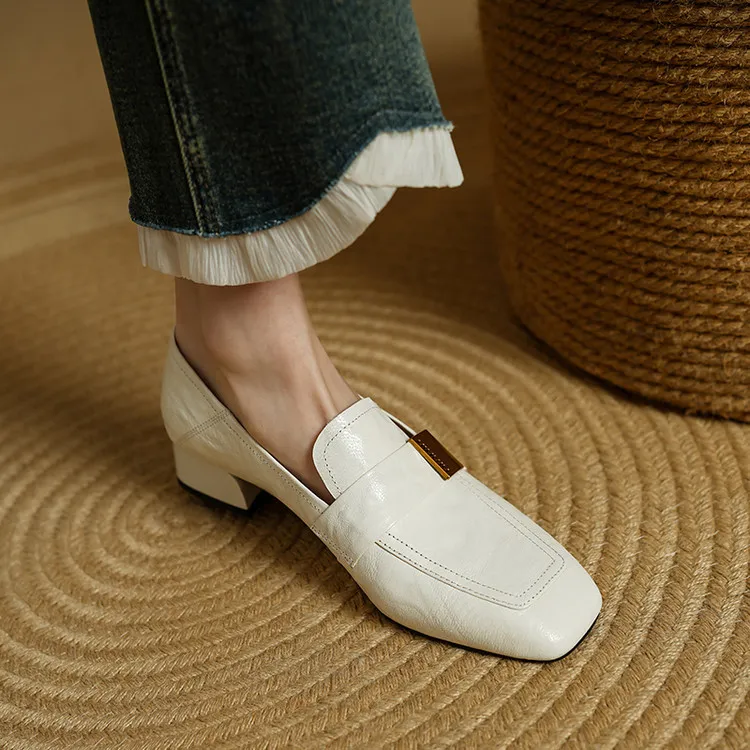 Spring and Autumn Single Shoes, Square Toe, Chunky Heel, Mid-Heel, Sheepskin Fashion Women's Shoes, 3-12h, Metal Buckle Loafers