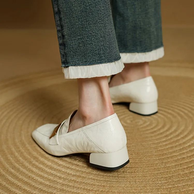 Spring and Autumn Single Shoes, Square Toe, Chunky Heel, Mid-Heel, Sheepskin Fashion Women's Shoes, 3-12h, Metal Buckle Loafers