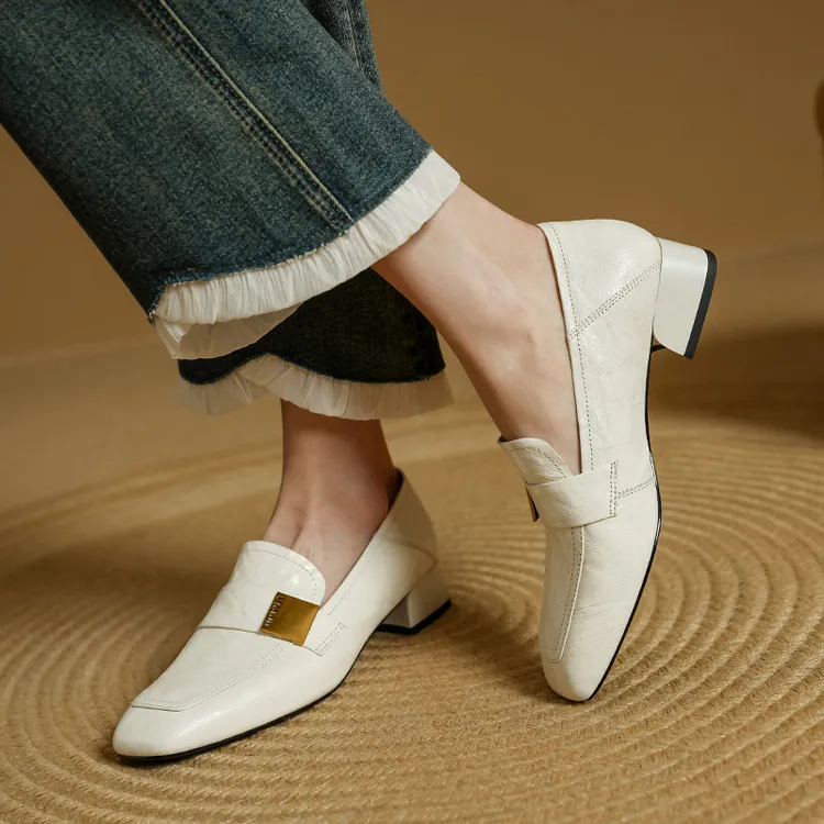 Spring and Autumn Single Shoes, Square Toe, Chunky Heel, Mid-Heel, Sheepskin Fashion Women's Shoes, 3-12h, Metal Buckle Loafers