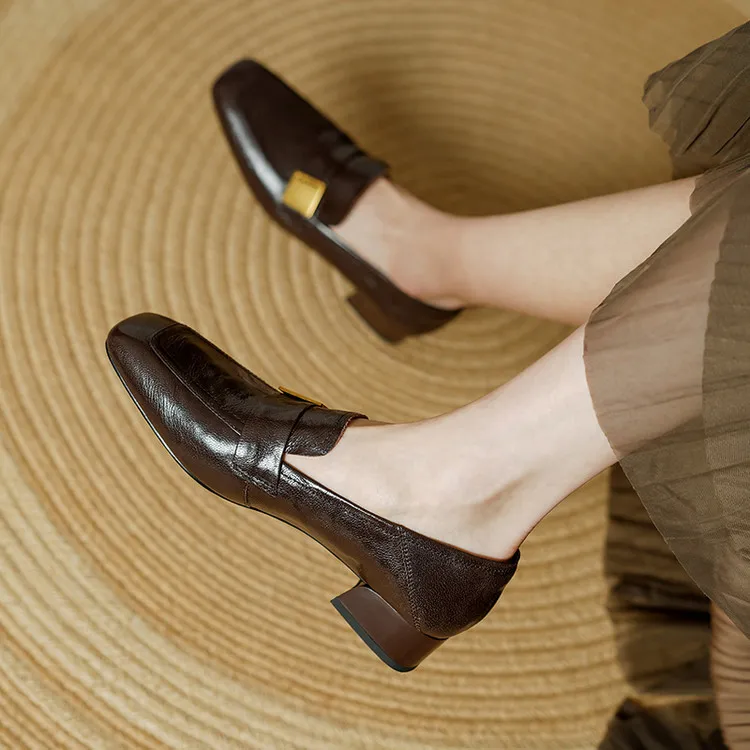 Spring and Autumn Single Shoes, Square Toe, Chunky Heel, Mid-Heel, Sheepskin Fashion Women's Shoes, 3-12h, Metal Buckle Loafers