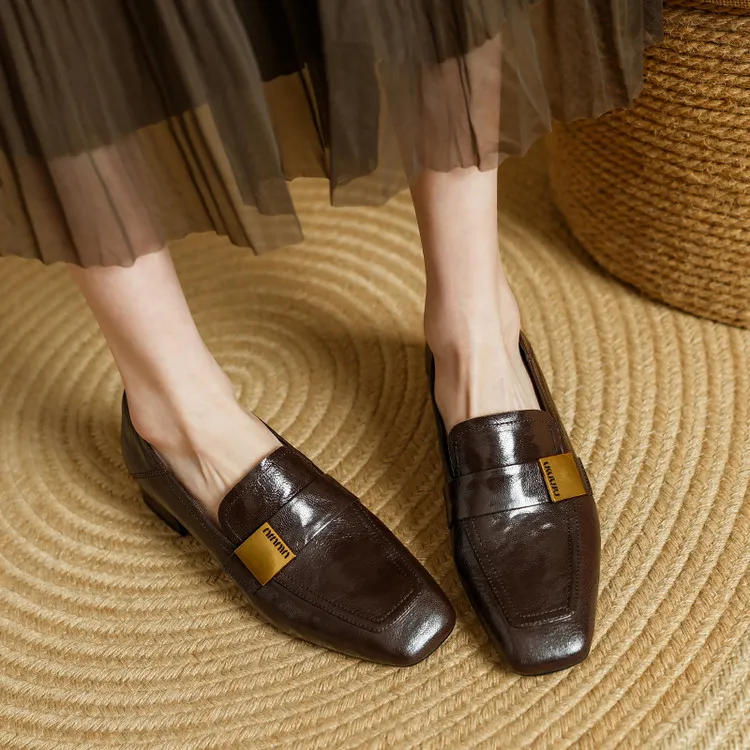 Spring and Autumn Single Shoes, Square Toe, Chunky Heel, Mid-Heel, Sheepskin Fashion Women's Shoes, 3-12h, Metal Buckle Loafers