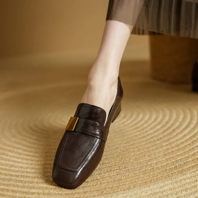 Spring and Autumn Single Shoes, Square Toe, Chunky Heel, Mid-Heel, Sheepskin Fashion Women's Shoes, 3-12h, Metal Buckle Loafers