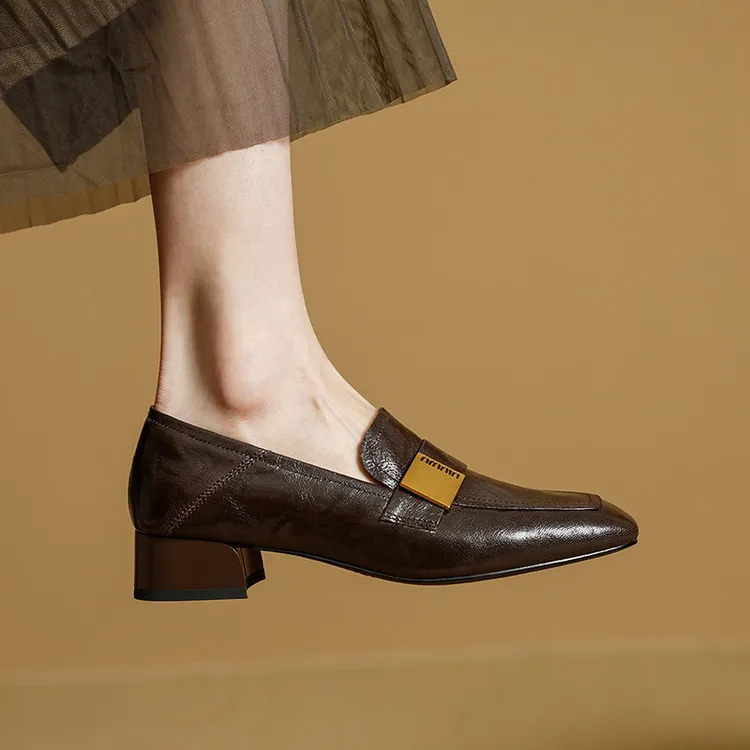 Spring and Autumn Single Shoes, Square Toe, Chunky Heel, Mid-Heel, Sheepskin Fashion Women's Shoes, 3-12h, Metal Buckle Loafers