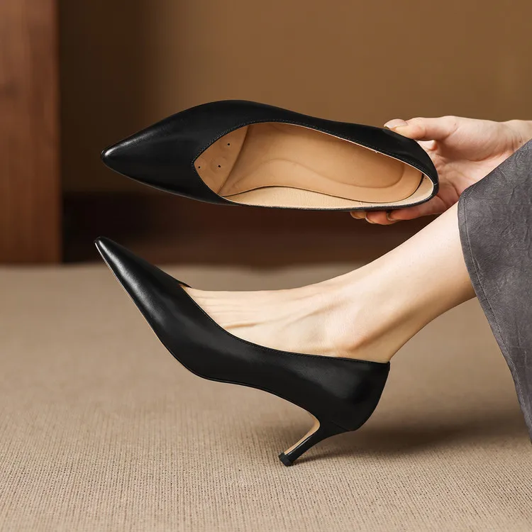 Spring single shoes, pointed toe, stiletto heel, low-cut fashion leather women's shoes, 3-12n