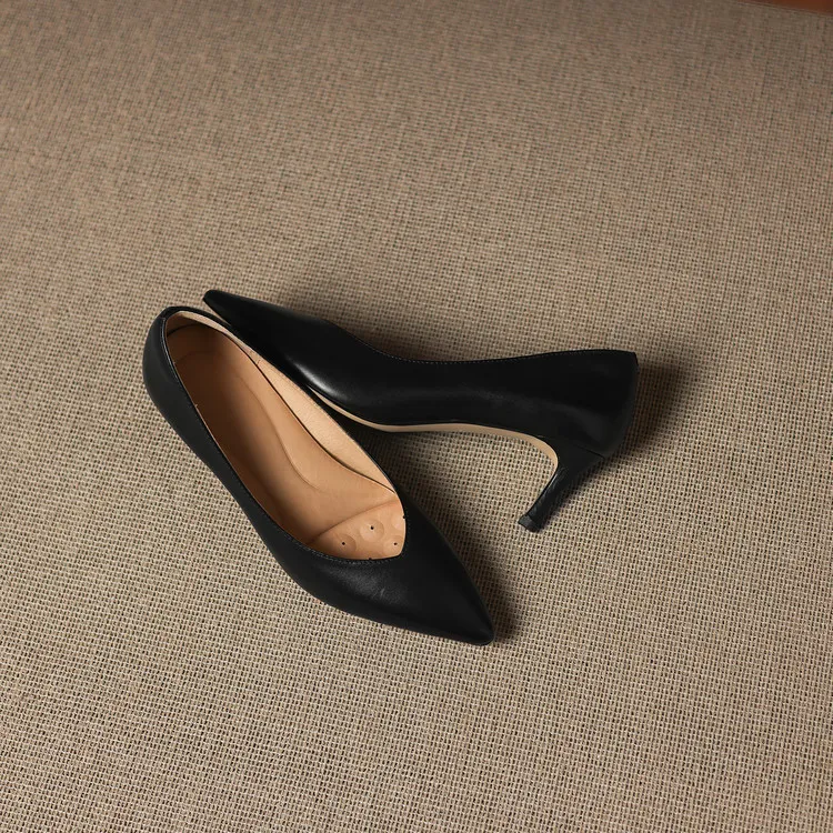 Spring single shoes, pointed toe, stiletto heel, low-cut fashion leather women's shoes, 3-12n