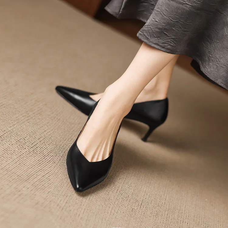 Spring single shoes, pointed toe, stiletto heel, low-cut fashion leather women's shoes, 3-12n