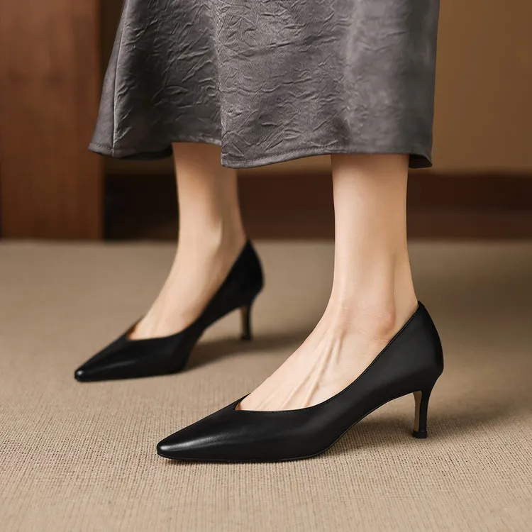 Spring single shoes, pointed toe, stiletto heel, low-cut fashion leather women's shoes, 3-12n