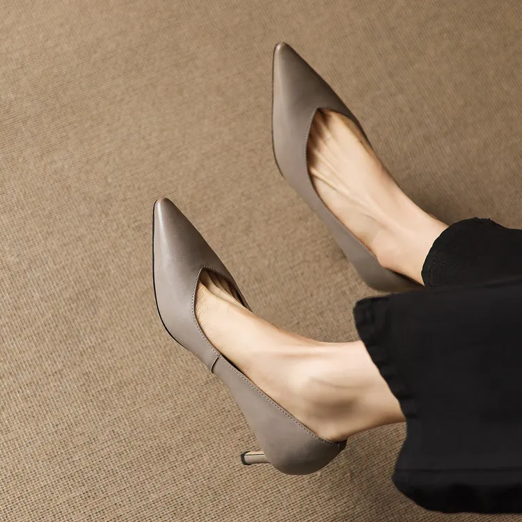 Spring single shoes, pointed toe, stiletto heel, low-cut fashion leather women's shoes, 3-12n