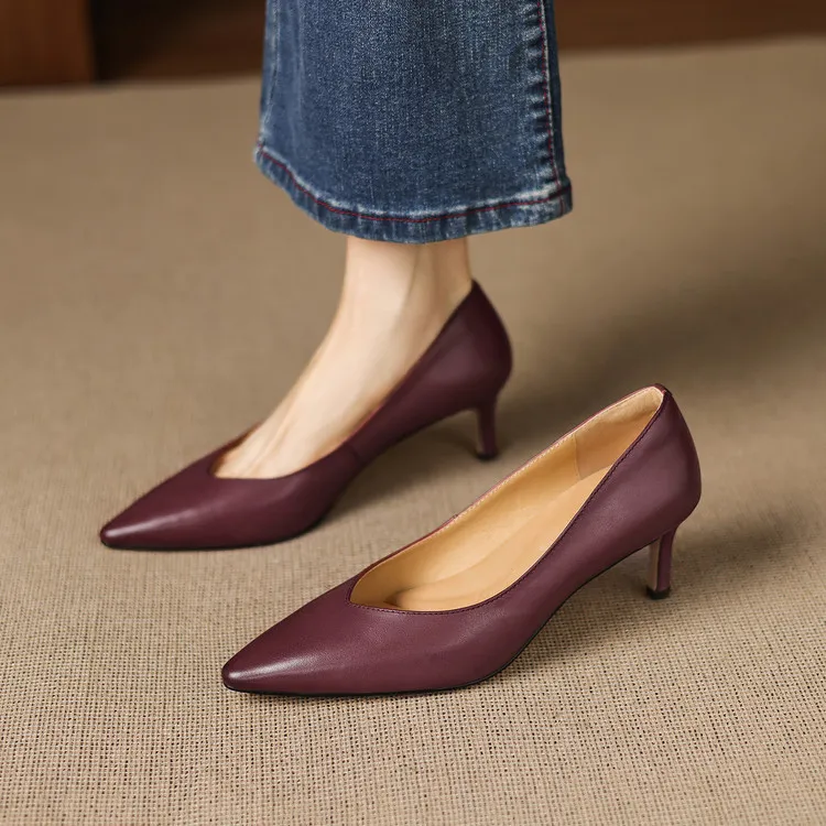 Spring single shoes, pointed toe, stiletto heel, low-cut fashion leather women's shoes, 3-12n
