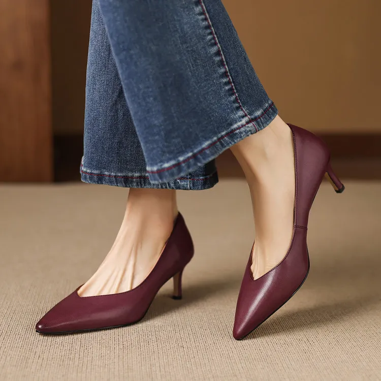 Spring single shoes, pointed toe, stiletto heel, low-cut fashion leather women's shoes, 3-12n