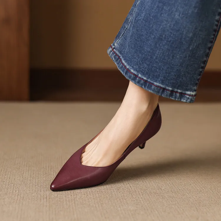 Spring single shoes, pointed toe, stiletto heel, low-cut fashion leather women's shoes, 3-12n