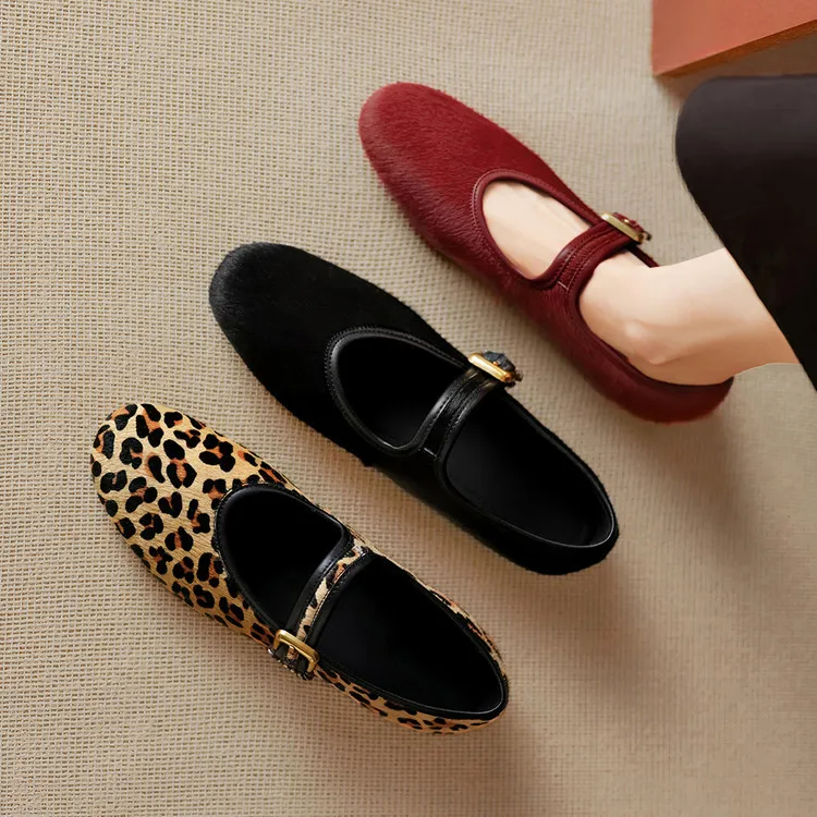 Spring single shoes, round toe, buckle, flat, horsehair fashion women's shoes, 3-9i