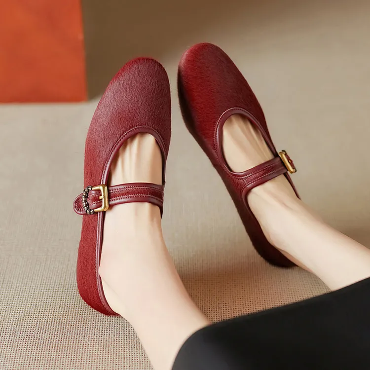 Spring single shoes, round toe, buckle, flat, horsehair fashion women's shoes, 3-9i