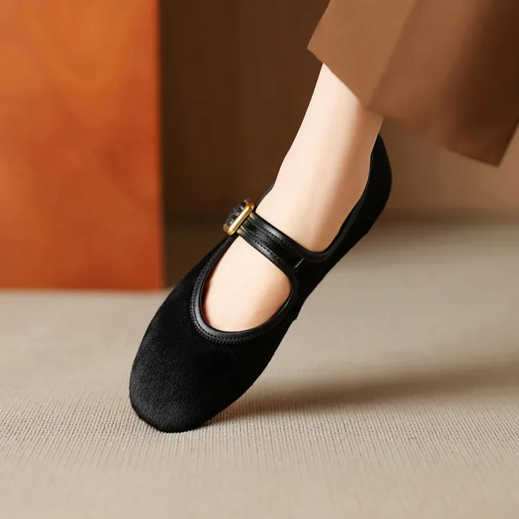 Spring single shoes, round toe, buckle, flat, horsehair fashion women's shoes, 3-9i