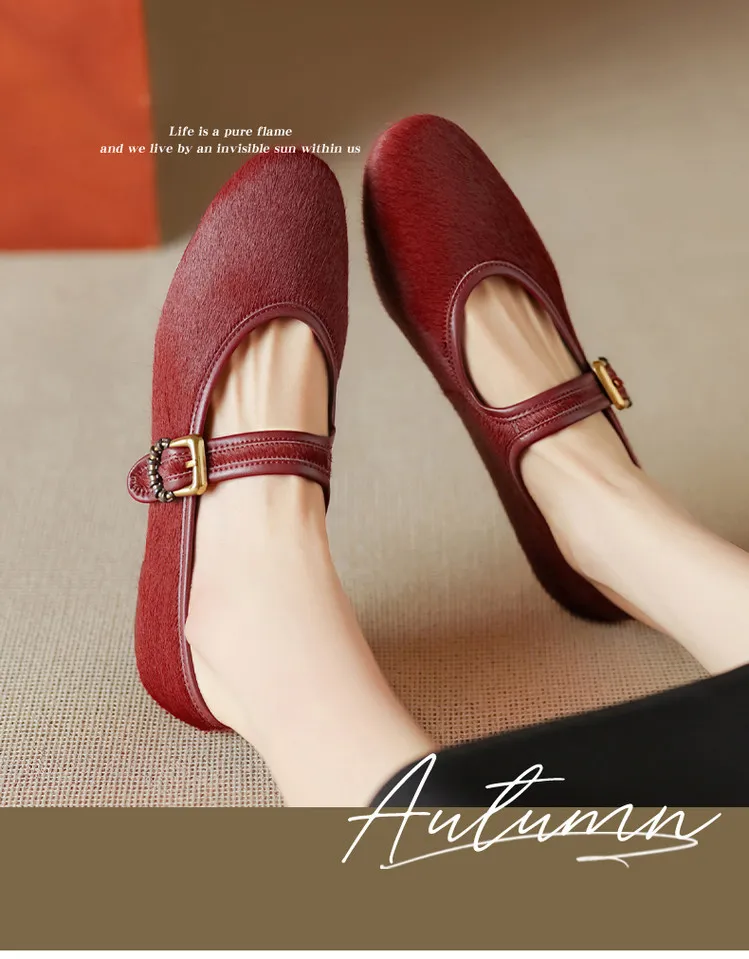 Spring single shoes, round toe, buckle, flat, horsehair fashion women's shoes, 3-9i
