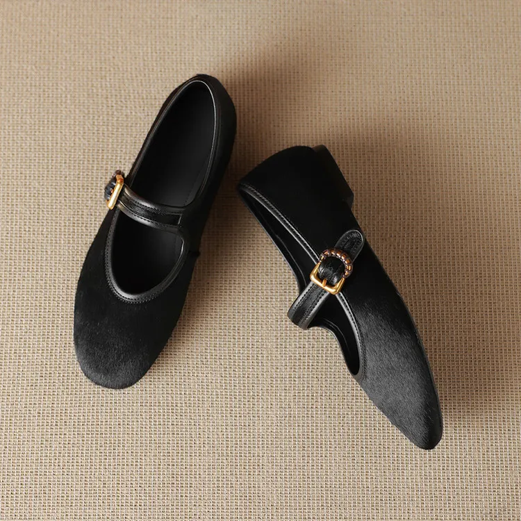 Spring single shoes, round toe, buckle, flat, horsehair fashion women's shoes, 3-9i