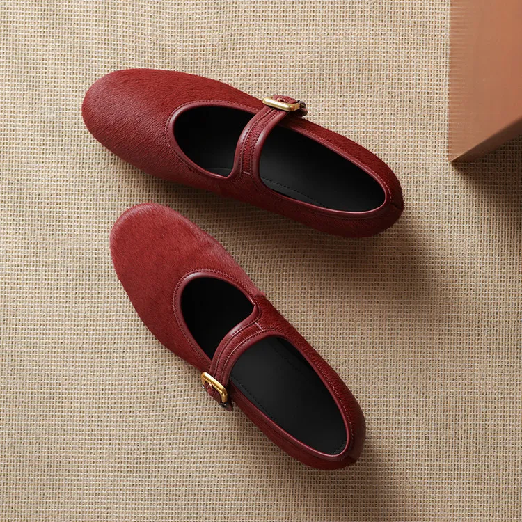 Spring single shoes, round toe, buckle, flat, horsehair fashion women's shoes, 3-9i