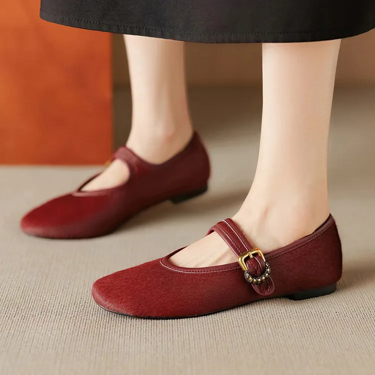 Spring single shoes, round toe, buckle, flat, horsehair fashion women's shoes, 3-9i