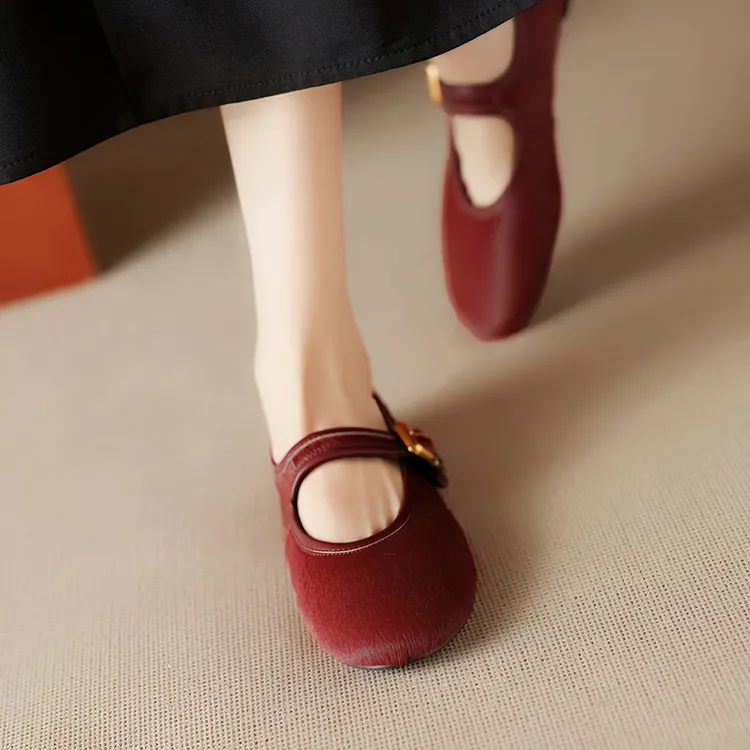 Spring single shoes, round toe, buckle, flat, horsehair fashion women's shoes, 3-9i