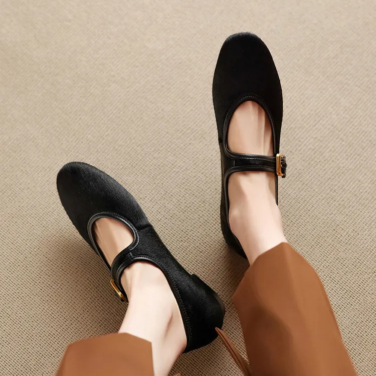Spring single shoes, round toe, buckle, flat, horsehair fashion women's shoes, 3-9i