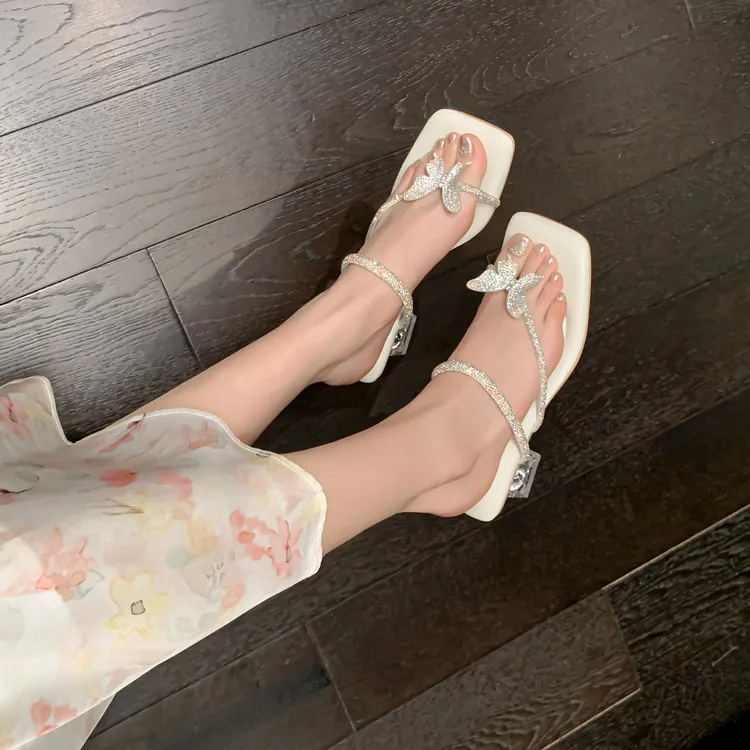 Summer slippers with butterfly rhinestone high heels and a single strap, fairy-style sandals, 3-14 hours
