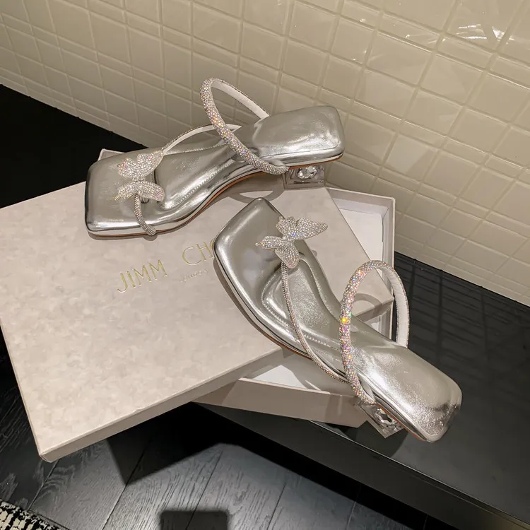 Summer slippers with butterfly rhinestone high heels and a single strap, fairy-style sandals, 3-14 hours