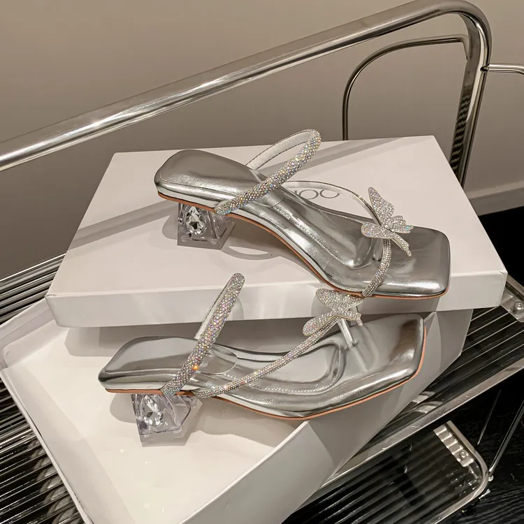 Summer slippers with butterfly rhinestone high heels and a single strap, fairy-style sandals, 3-14 hours