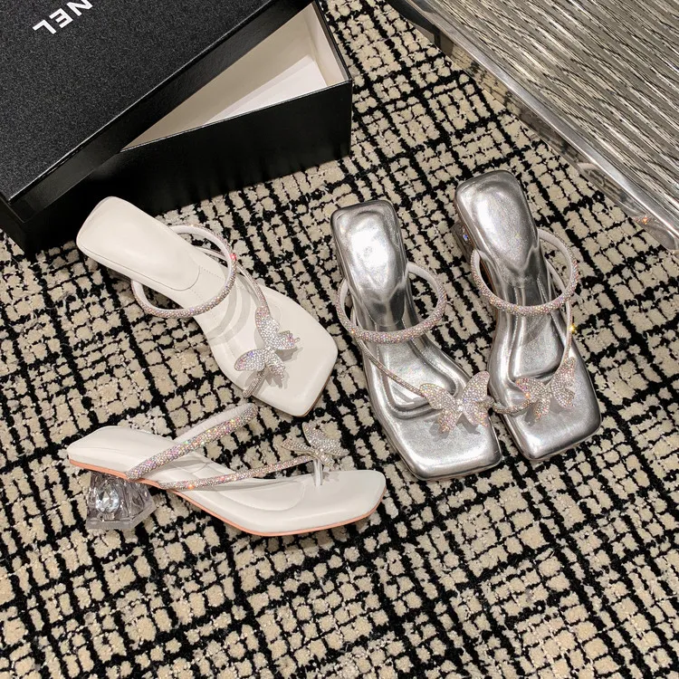 Summer slippers with butterfly rhinestone high heels and a single strap, fairy-style sandals, 3-14 hours