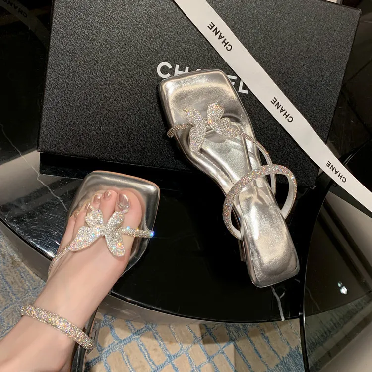 Summer slippers with butterfly rhinestone high heels and a single strap, fairy-style sandals, 3-14 hours