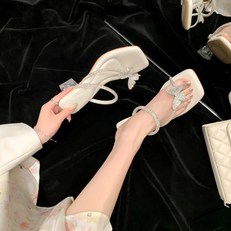 Summer slippers with butterfly rhinestone high heels and a single strap, fairy-style sandals, 3-14 hours