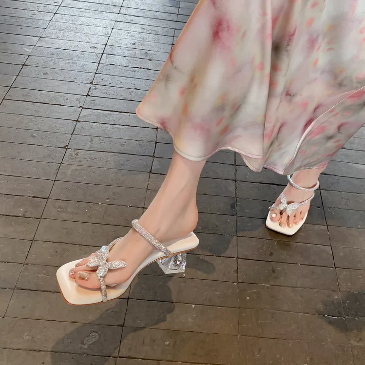 Summer slippers with butterfly rhinestone high heels and a single strap, fairy-style sandals, 3-14 hours