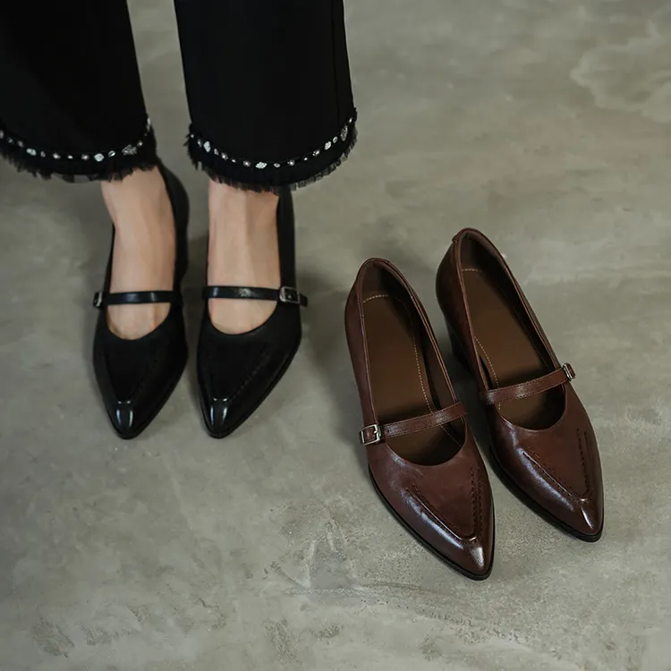 Spring single shoes, pointed toe, chunky heel, buckle, elegant cowhide leather women's shoes, 3-14k